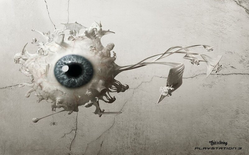 eye with surreal creatures
