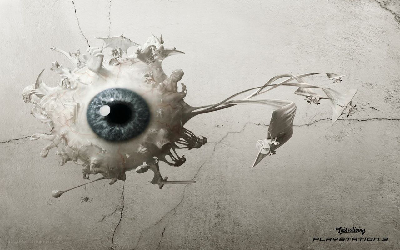 eye with surreal creatures