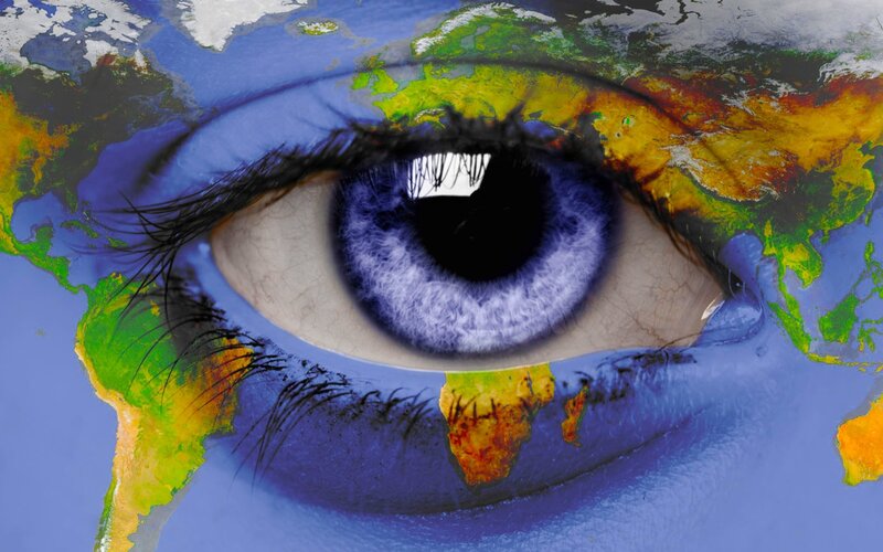 Eye with World Map — Blue, Dramatic, Digital Art