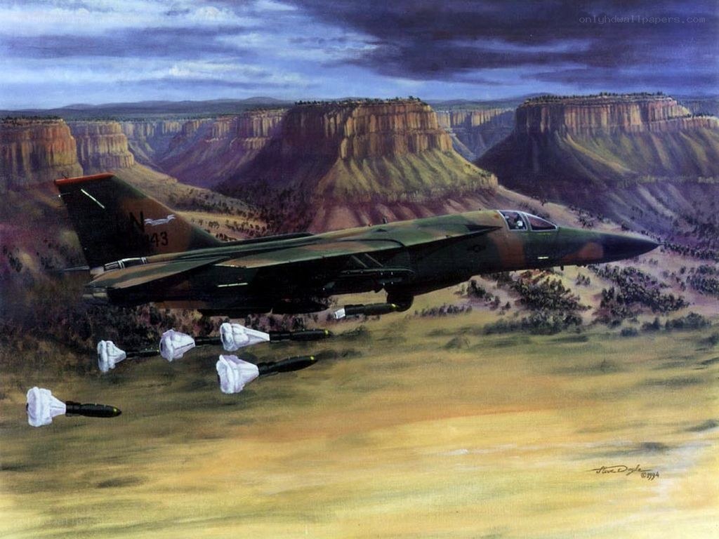 F-111 bomber dropping bombs
