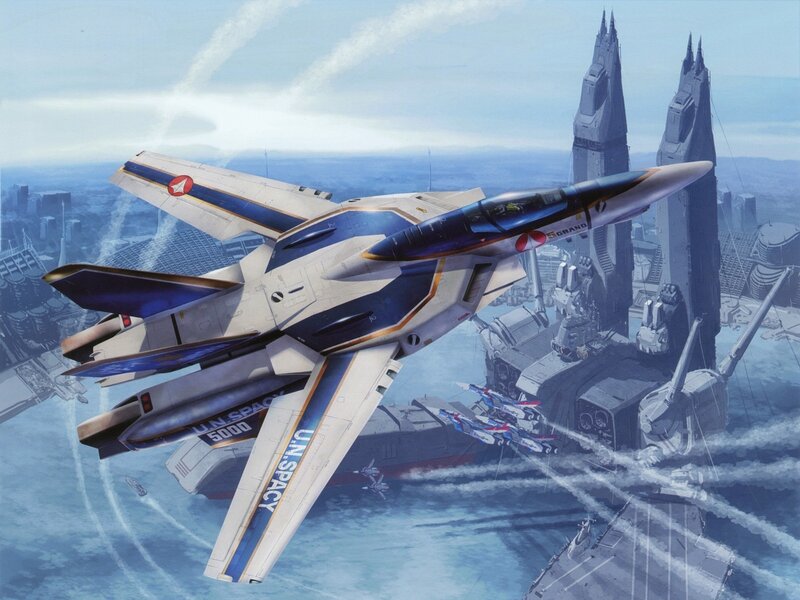 F-14 jet in futuristic city