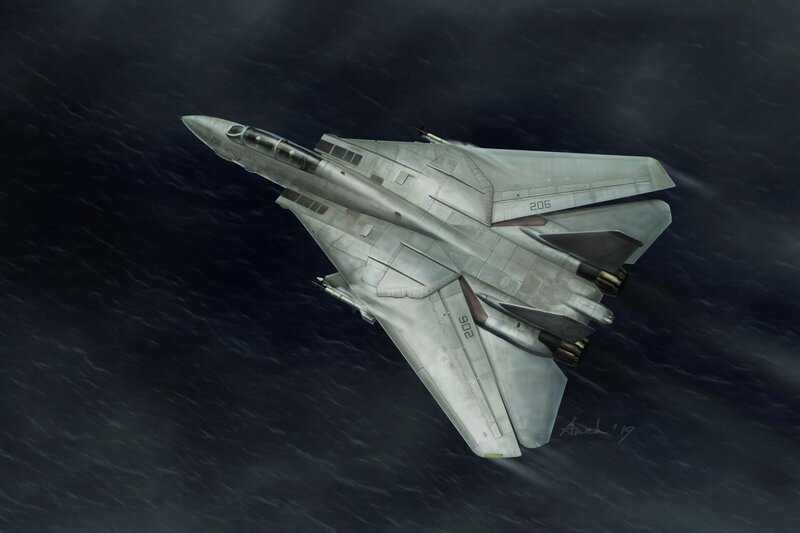 F-14 Tomcat Fighter Jet — Gray, Dramatic, Night