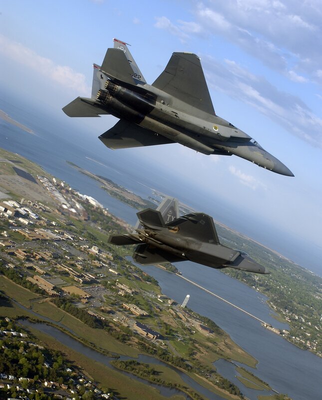 F-15 and F-22 fighter jets in flight