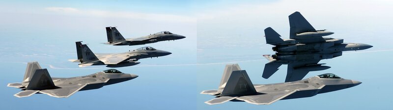 F-15 and F-22 fighter jets in formation