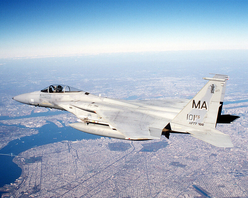 F-15 Eagle Fighter Jet — Gray, Aerial, Afternoon