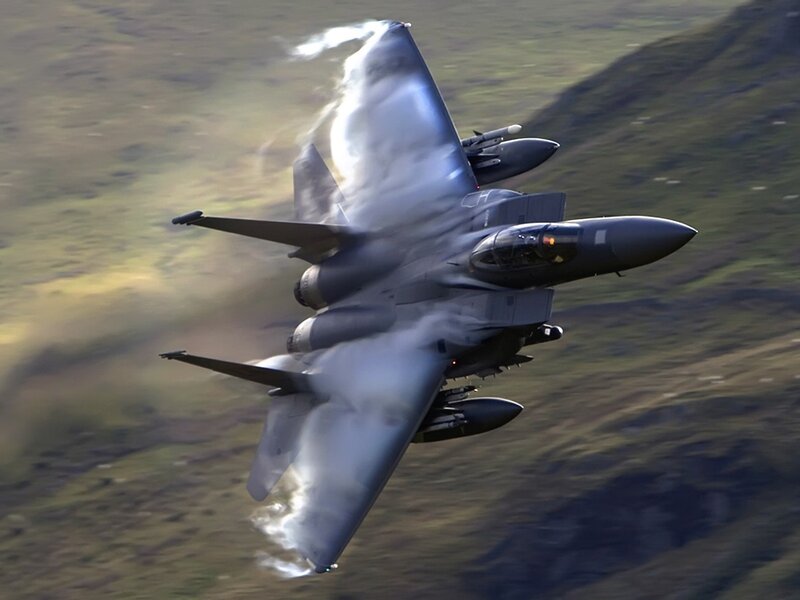 F-15 Eagle Fighter Jet — Gray, Dramatic, Afternoon, Photograph, Clouds, Mountains