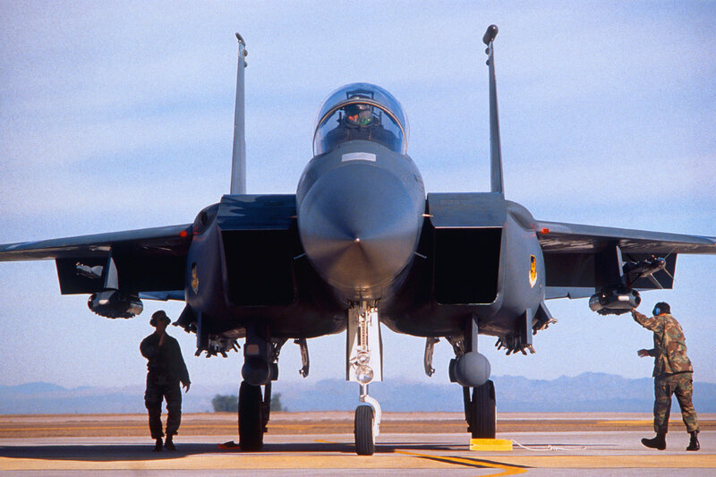 F-15 Eagle Fighter Jet — Gray, Dramatic, Afternoon, Photograph, Soldiers