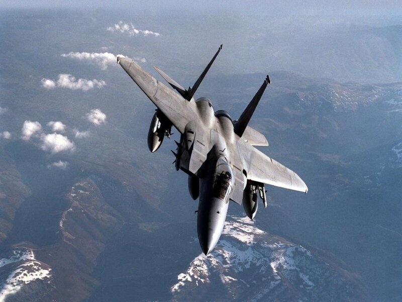 F-15 Eagle Fighter Jet — Gray, Dramatic, Photograph, Mountains