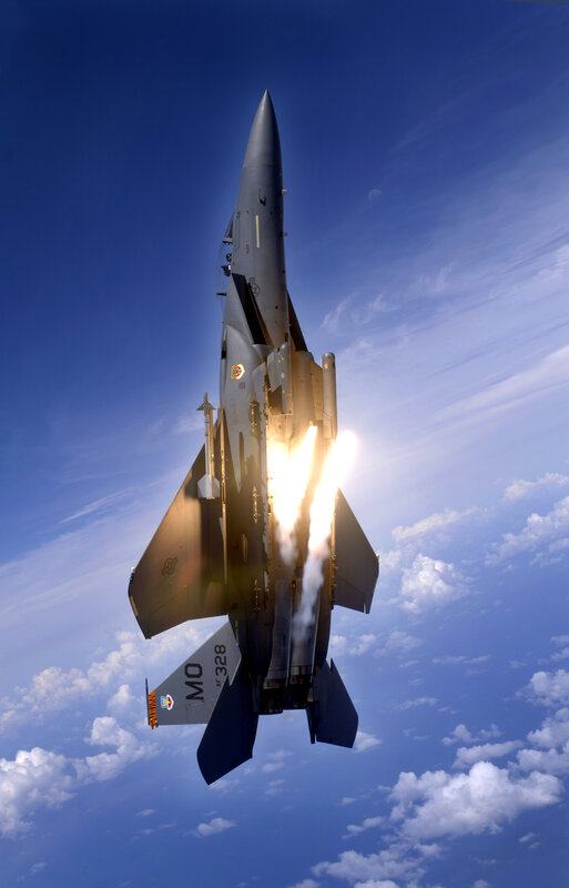 F-15 Fighter Jet — Blue, Dramatic, Afternoon, Photograph, Jet Engine