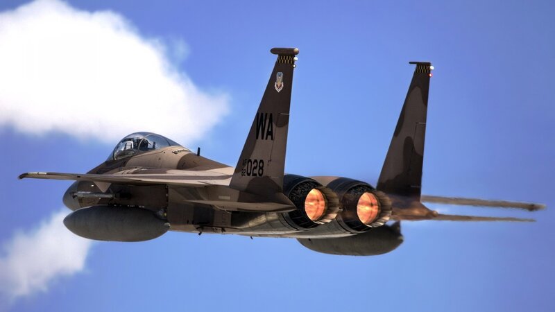 F-15 Fighter Jet — Blue, Dramatic, Afternoon, Photograph, Jet Engines