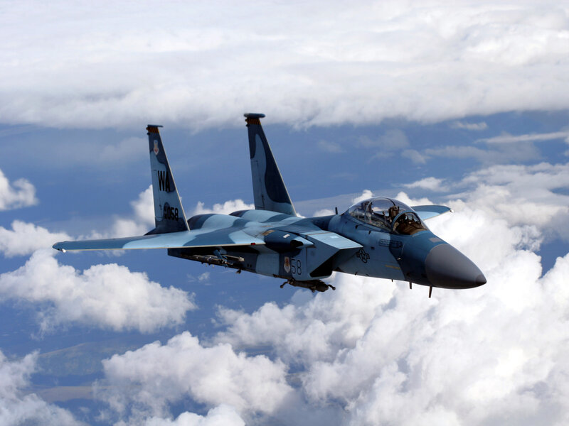 F-15 Fighter Jet — Blue, Dramatic, Photograph