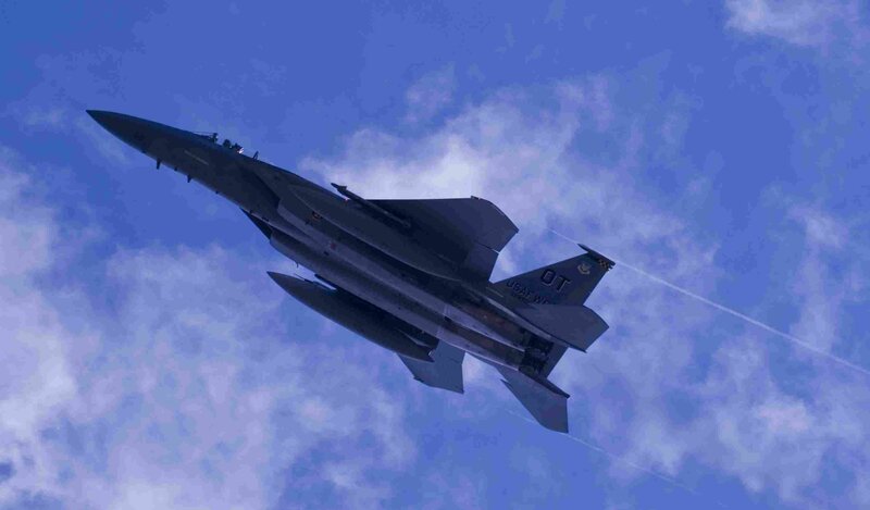 F-15 Fighter Jet — Blue, Dynamic, Afternoon, Photograph, Clouds