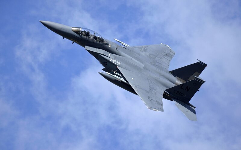 F-15 Fighter Jet — Blue, Dynamic, Afternoon, Photograph, Sky, Clouds