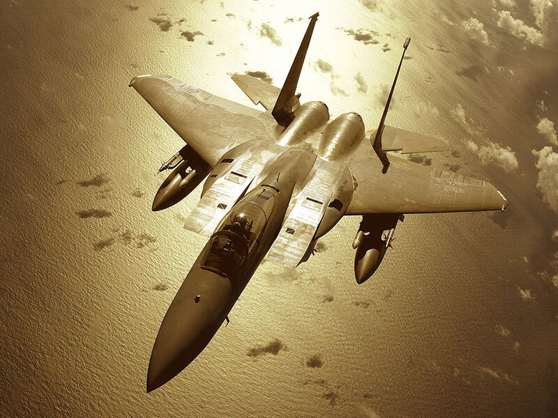 F-15 Fighter Jet — Brown, Dramatic, Sunset, Photograph, Aircraft, Ocean
