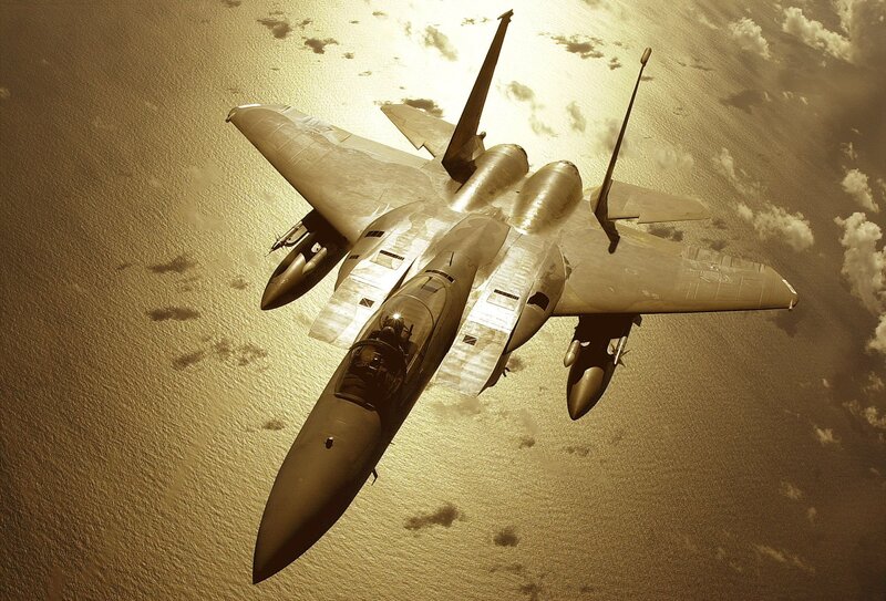 F-15 Fighter Jet — Brown, Dramatic, Sunset, Photograph, Ocean