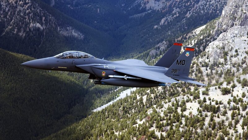 F-15 Fighter Jet — Gray, Dramatic, Afternoon, Photograph, Mountains