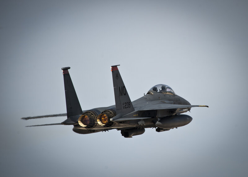 F-15 Fighter Jet — Gray, Dramatic, Photograph, Aircraft, Sky