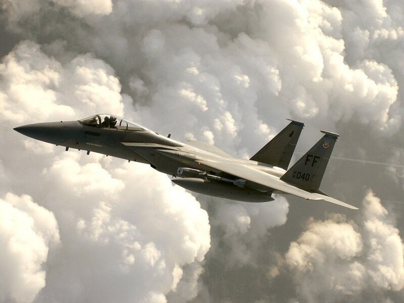 F-15 Fighter Jet — Gray, Dramatic, Photograph, Clouds, Pilot, Missile, White