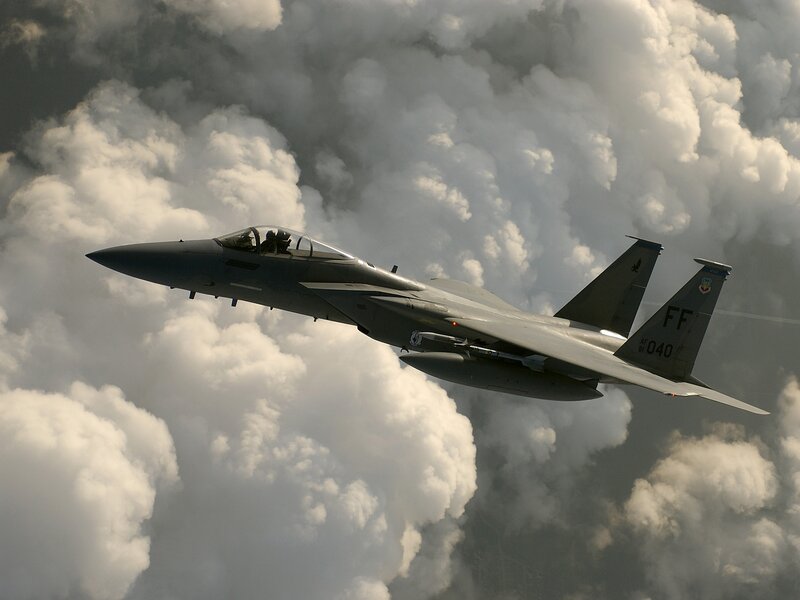 F-15 Fighter Jet — Gray, Dramatic, Photograph, Clouds