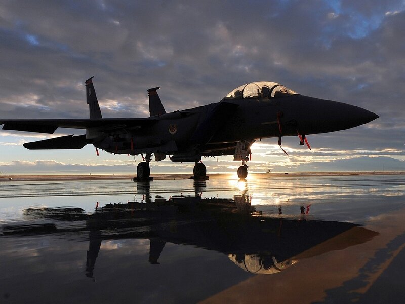 F-15 Fighter Jet — Gray, Dramatic, Sunset