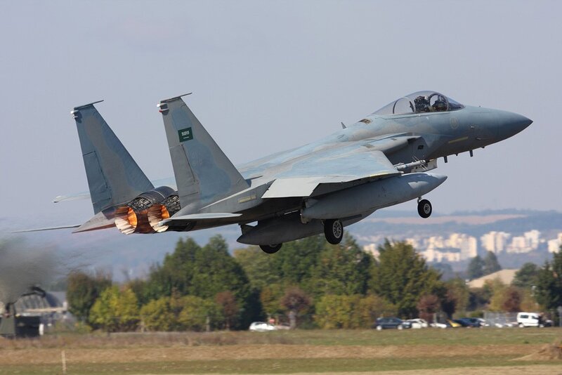 F-15 Fighter Jet — Gray, Dynamic, Afternoon, Photograph, Aircraft, Runway, Trees