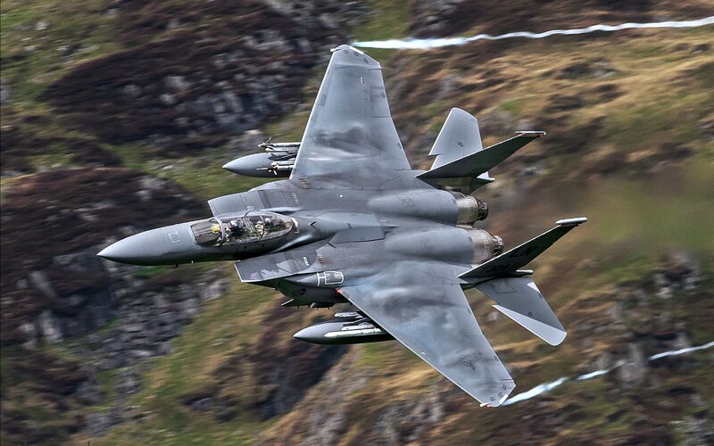 F-15 Fighter Jet — Gray, Dynamic, Photograph, Mountain