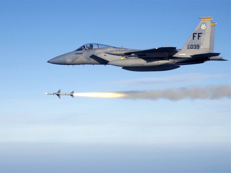 F-15 fighter jet launching missile