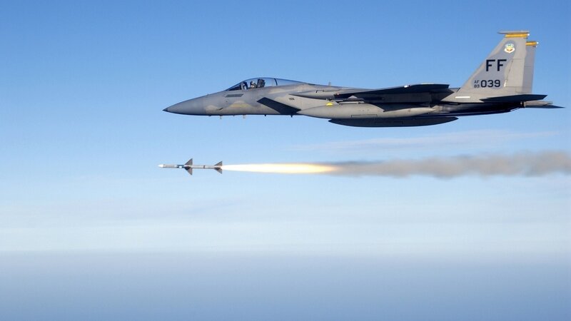 F-15 fighter jet launching missile