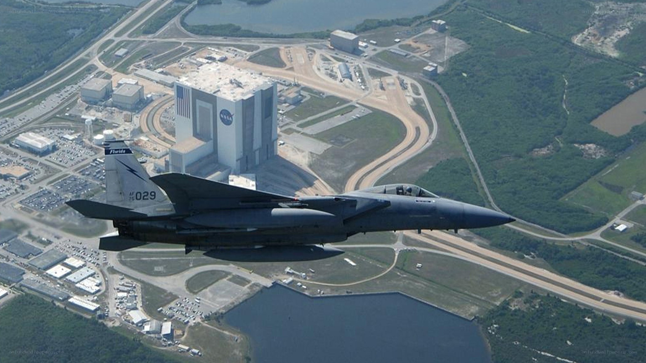 F-15 fighter jet over NASA facility