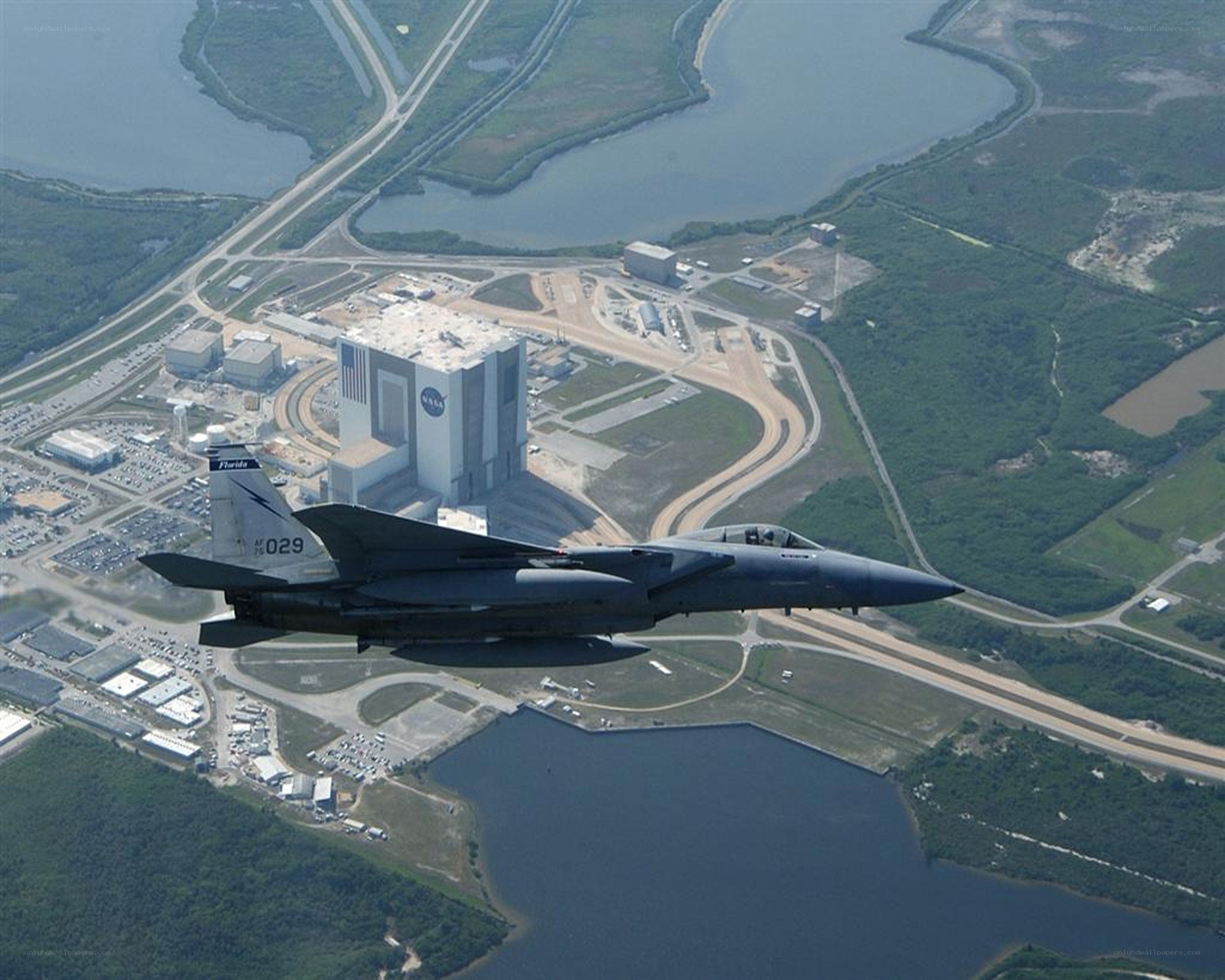 F-15 fighter jet over NASA facility