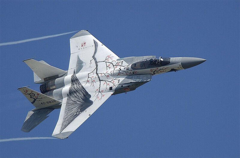 F-15 fighter jet with cherry blossom livery