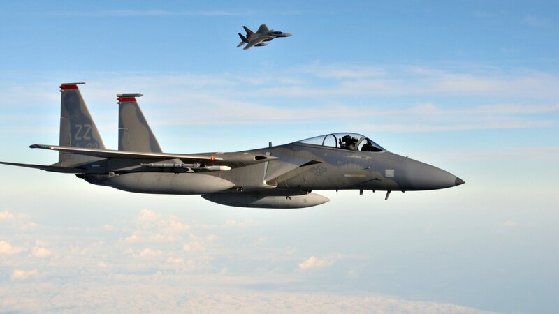 F-15 fighter jets in flight