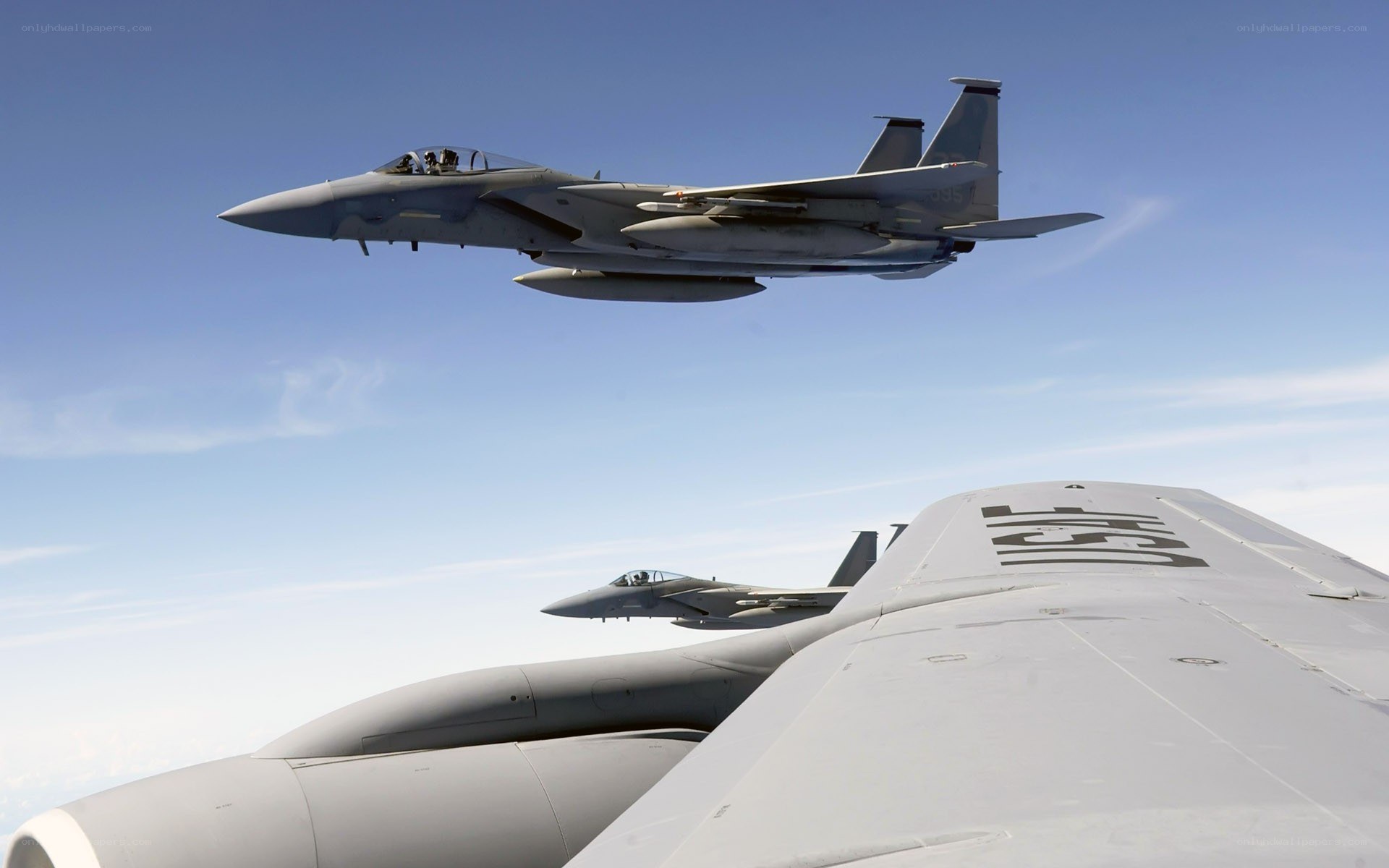 F-15 fighter jets in formation