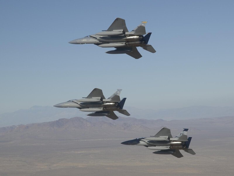 F-15 fighter jets in formation