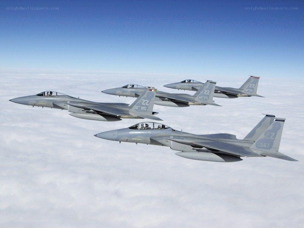 F-15 fighter jets in formation
