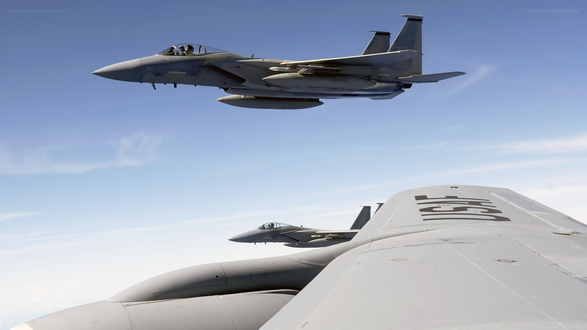 F-15 fighter jets in formation