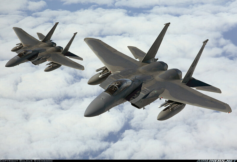 F-15 fighter jets in formation