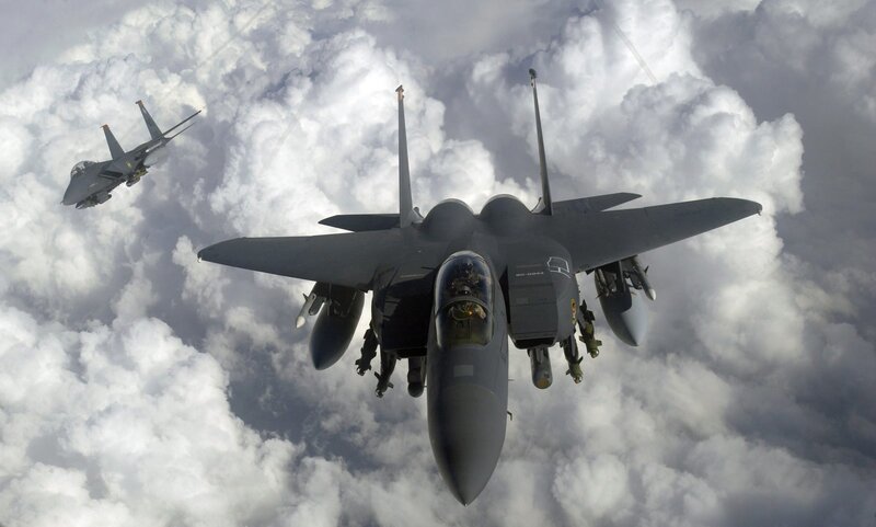 F-15 fighter jets in formation