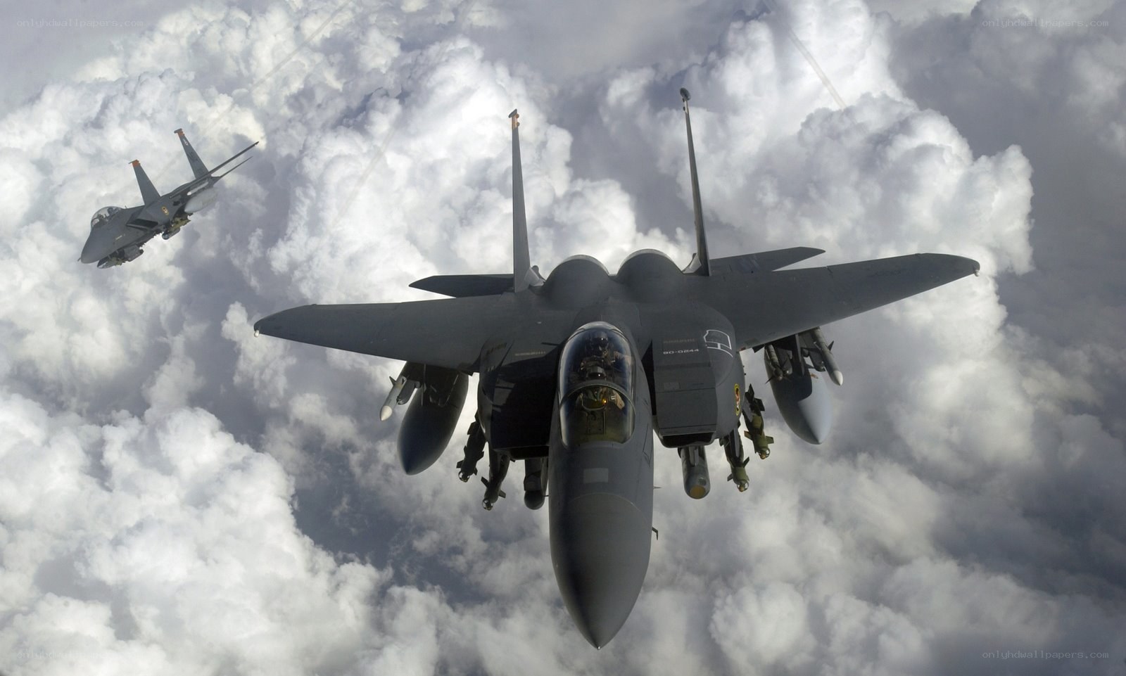 F-15 fighter jets in formation