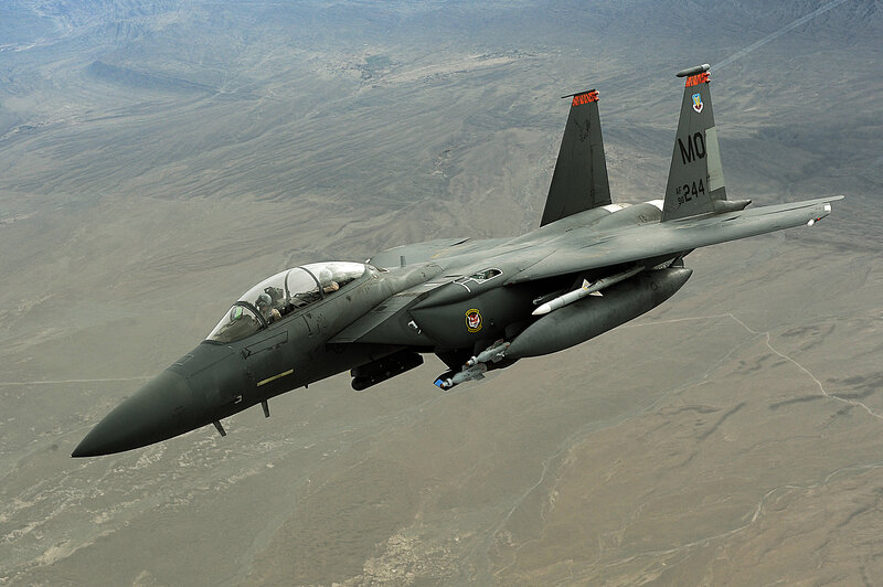 F-15E Fighter Jet — Gray, Aerial, Afternoon