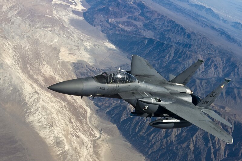 F-15E Fighter Jet — Gray, Dramatic, Afternoon, Photograph, Mountains, Desert