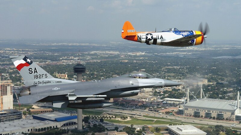 F-16 and P-47 over San Antonio