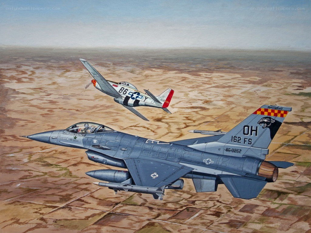 F-16 and P-51 in flight