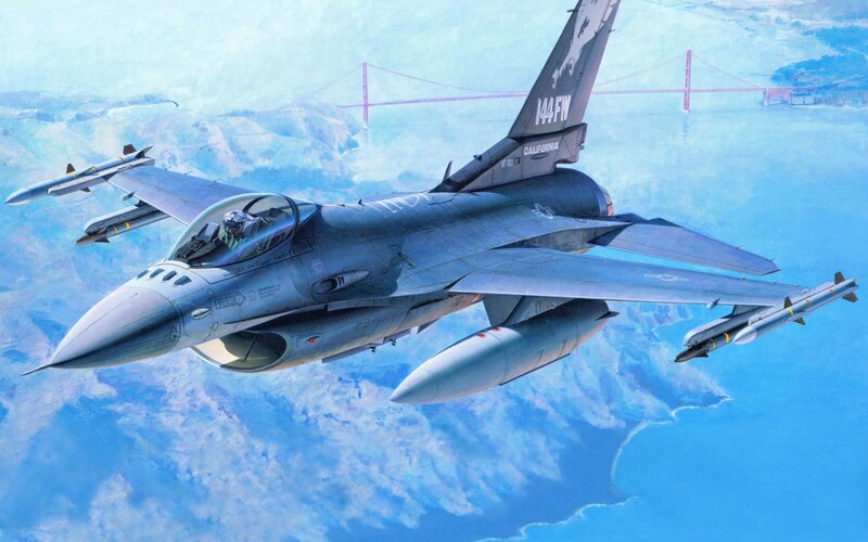 F-16 Fighter Jet — Blue, Dramatic, Afternoon, Illustration