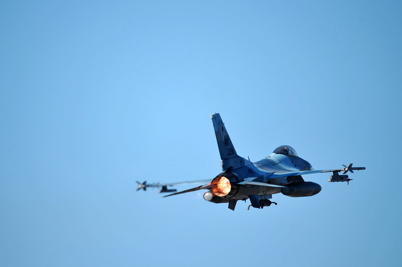F-16 Fighter Jet — Blue, Dramatic, Afternoon, Photograph, Jet Engine