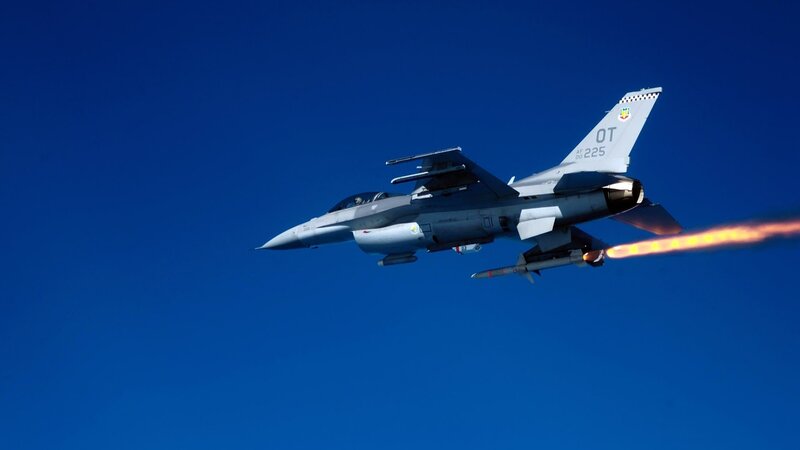 F-16 Fighter Jet — Blue, Dramatic, Afternoon, Photograph, Missile, Flame
