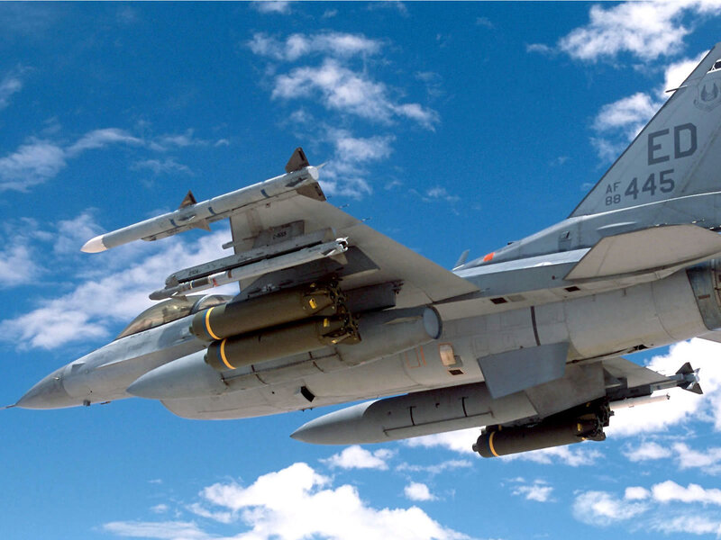 F-16 Fighter Jet — Blue, Dramatic, Afternoon, Photograph, Missiles, Clouds, Sky, Gray