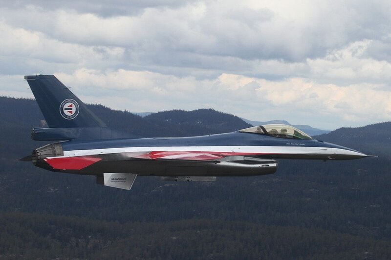 F-16 Fighter Jet — Blue, Dramatic, Afternoon, Photograph, Mountains, Clouds, Pilot, White