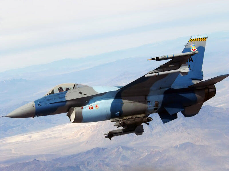 F-16 Fighter Jet — Blue, Dramatic, Afternoon, Photograph, Mountains, Sky