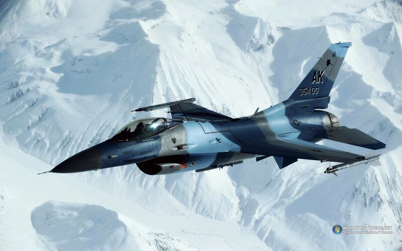 F-16 Fighter Jet — Blue, Dramatic, Winter, Photograph, Snowy Mountains, Aircraft